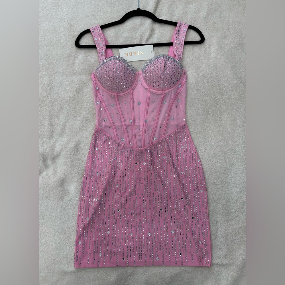 Women’s Pink Embellished Mini Dress Party Clubwear Bodycon Pink Size S